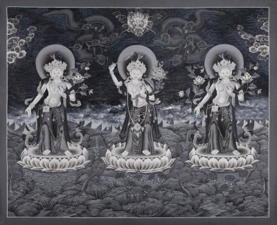 White Tara, Manjushri and Green Tara Standing | Newari Original Hand-Painted Tibetan Thangka